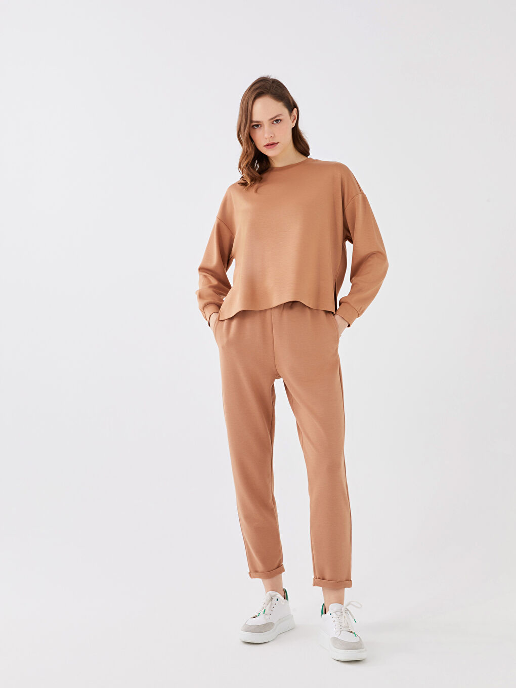 Kahverengi Bisiklet Yaka Düz Uzun Kollu Kadın Sweatshirt-2