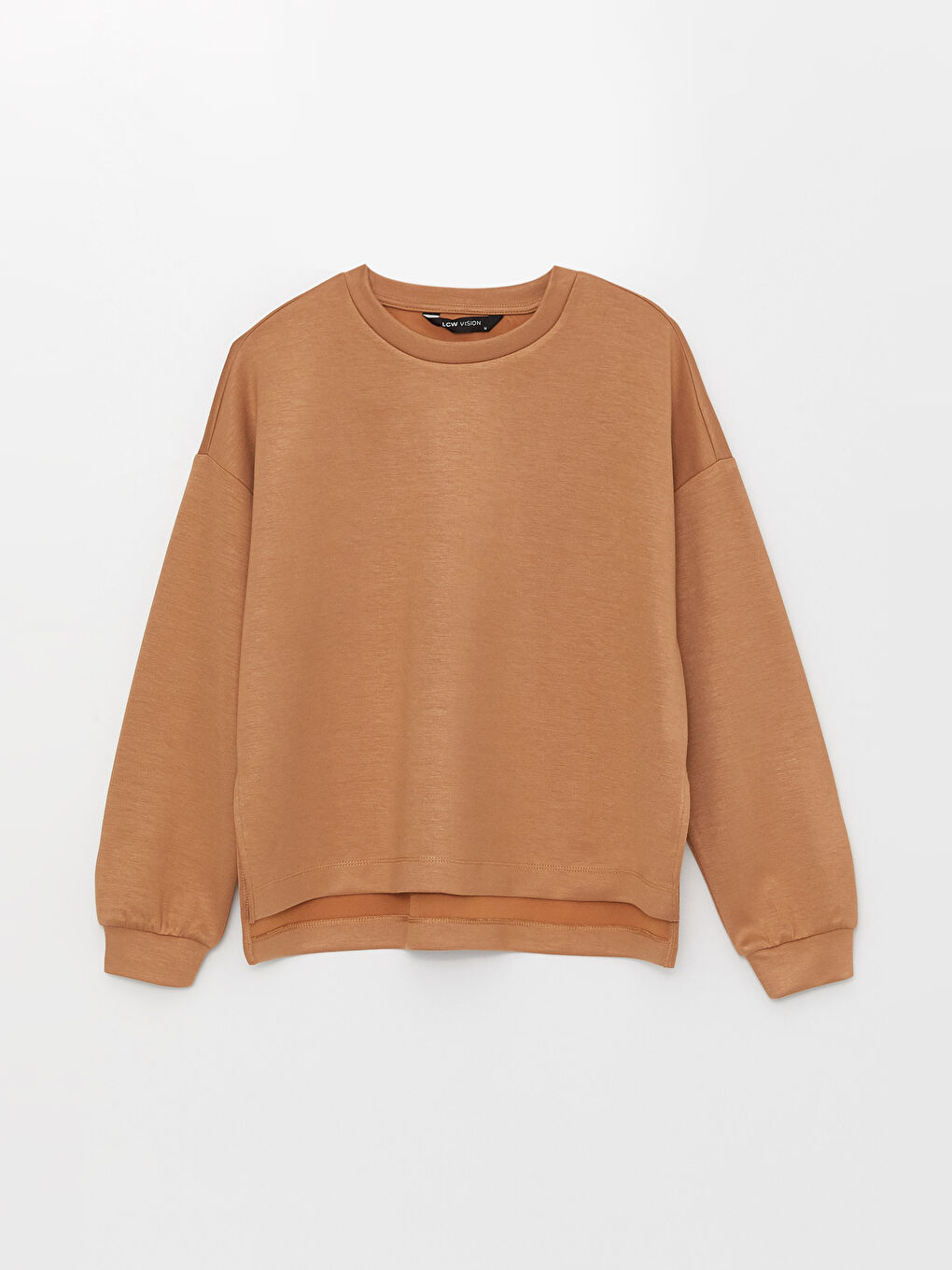 Kahverengi Bisiklet Yaka Düz Uzun Kollu Kadın Sweatshirt-4