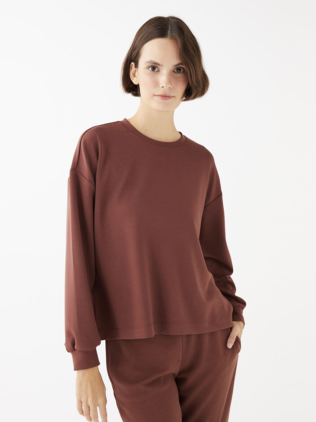 Kahverengi Bisiklet Yaka Düz Uzun Kollu Kadın Sweatshirt