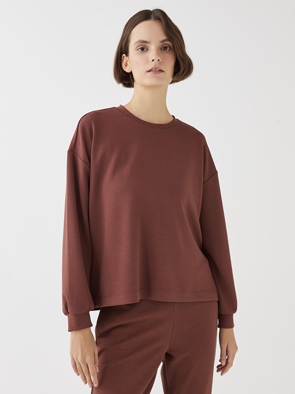 Kahverengi Bisiklet Yaka Düz Uzun Kollu Kadın Sweatshirt-1