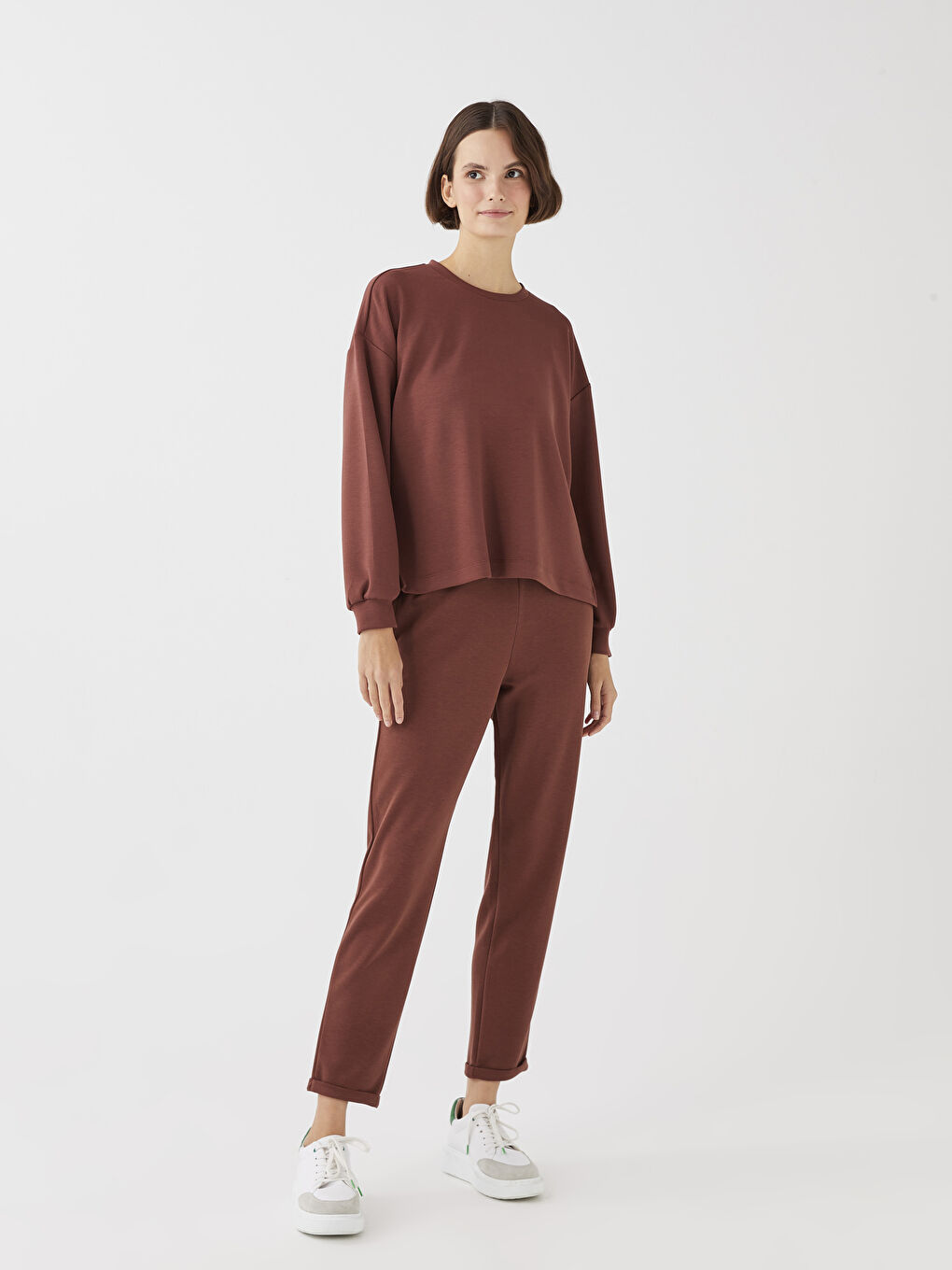 Kahverengi Bisiklet Yaka Düz Uzun Kollu Kadın Sweatshirt-2