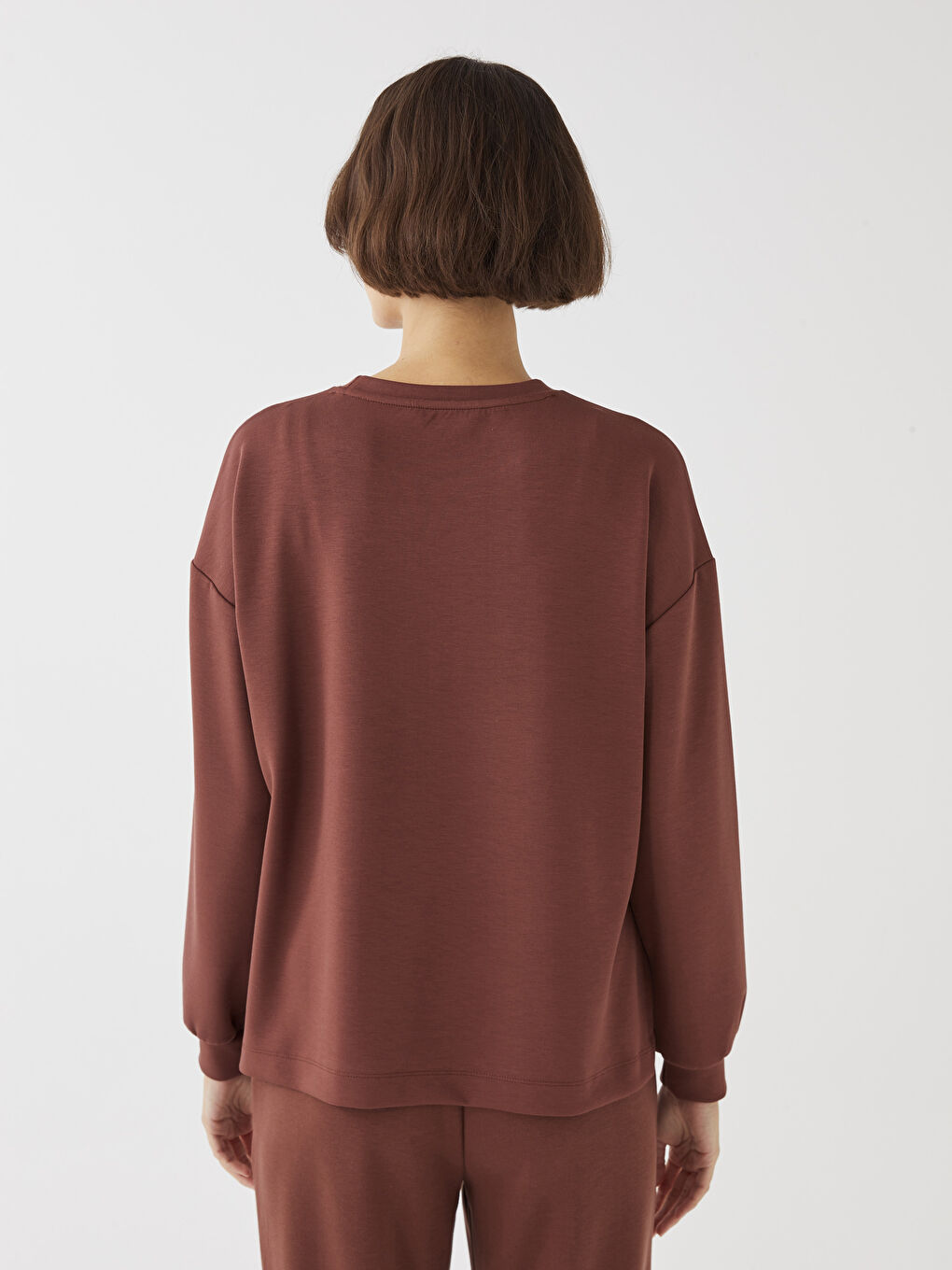 Kahverengi Bisiklet Yaka Düz Uzun Kollu Kadın Sweatshirt-4