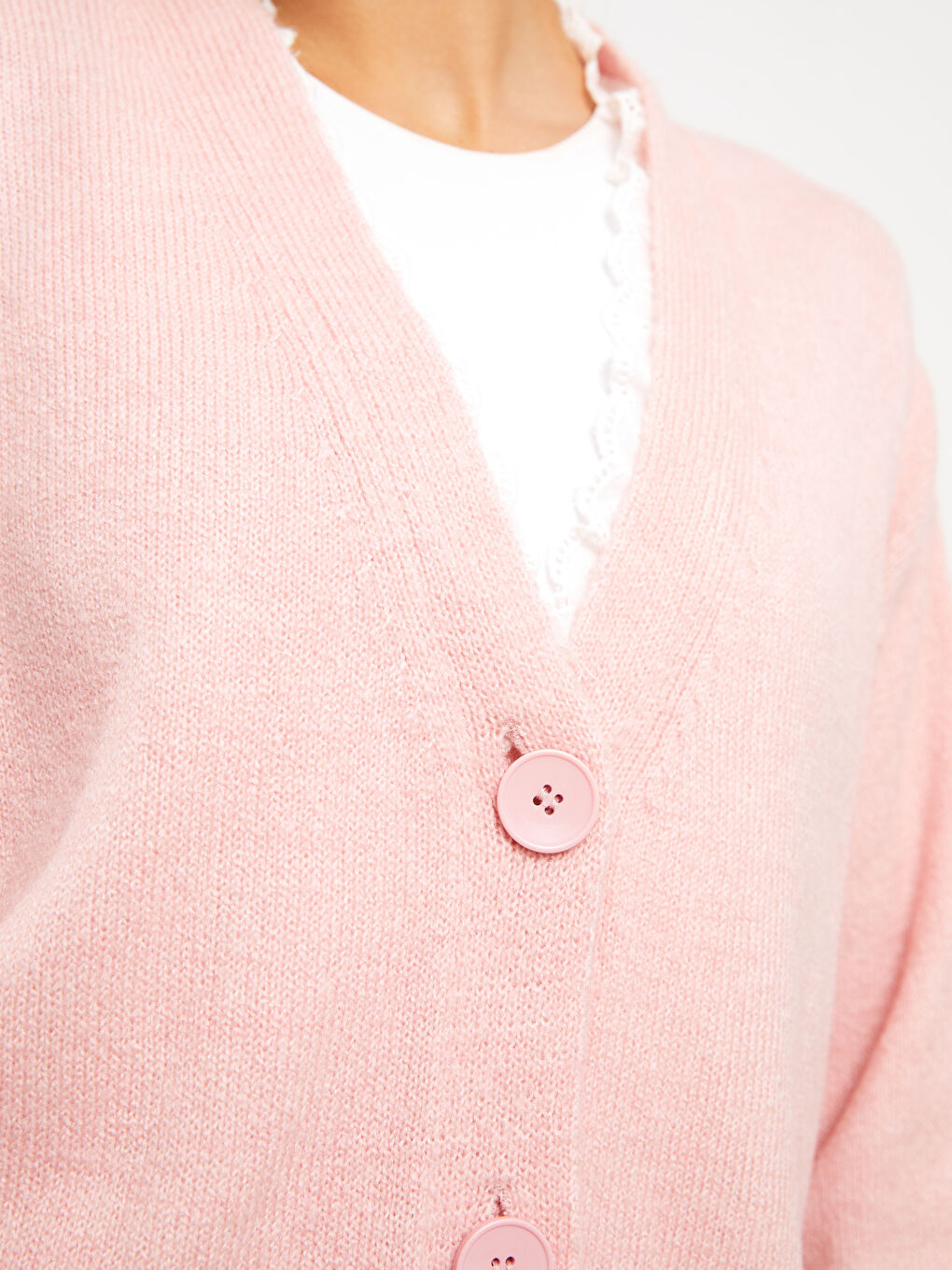 Pembe V Yaka Nakışlı Uzun Kollu Kadın Triko Hırka-3