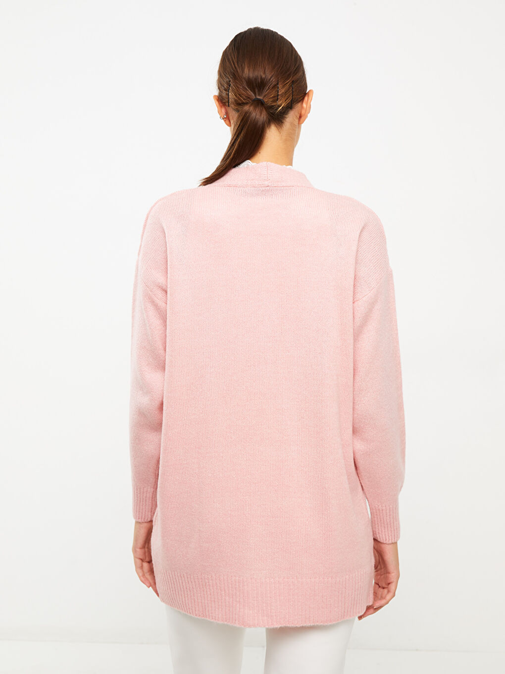 Pembe V Yaka Nakışlı Uzun Kollu Kadın Triko Hırka-4