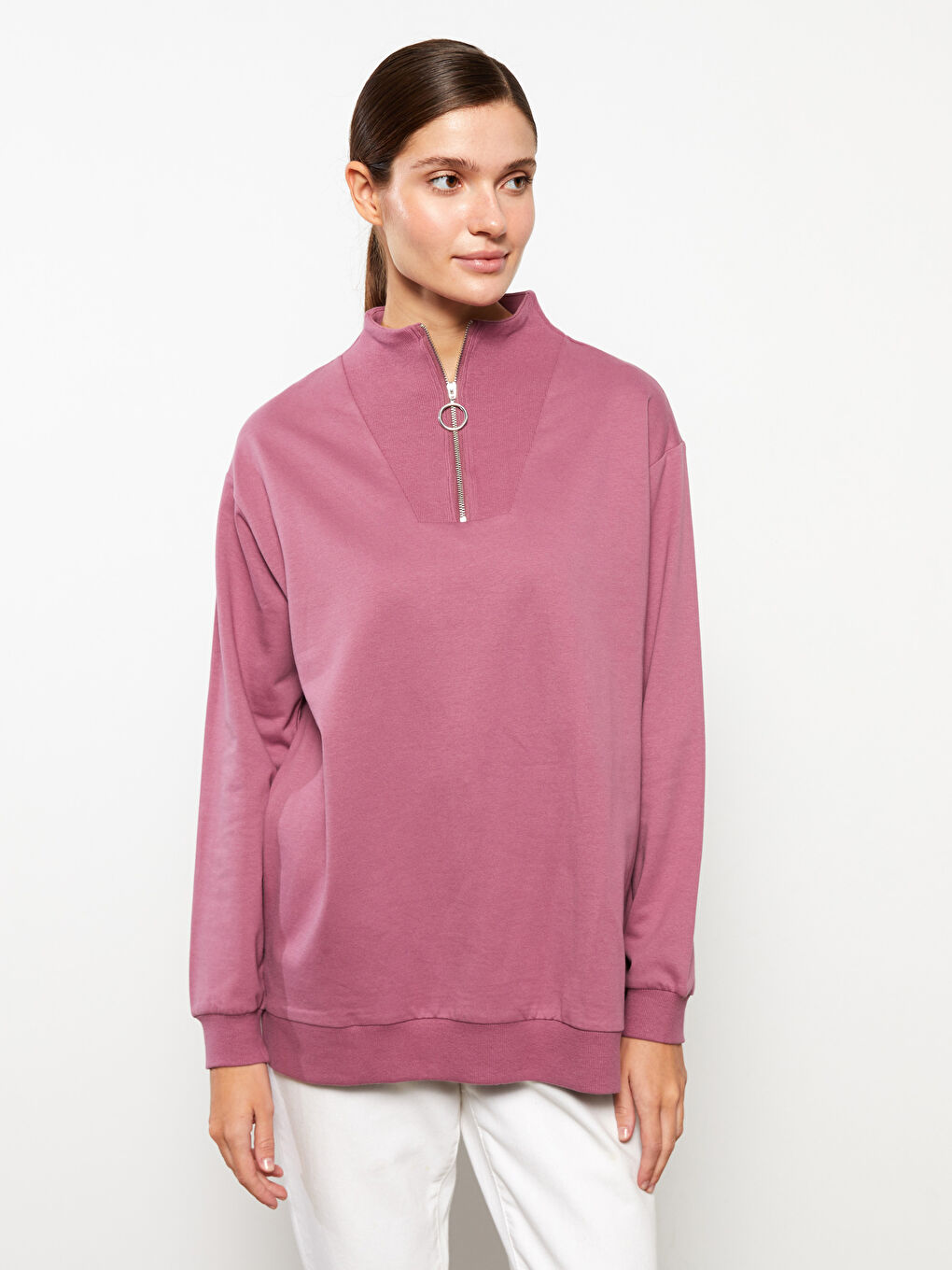 Женский Свитшот с Воротником-Трубой Прямой С Длинным Рукавом из Хлопка