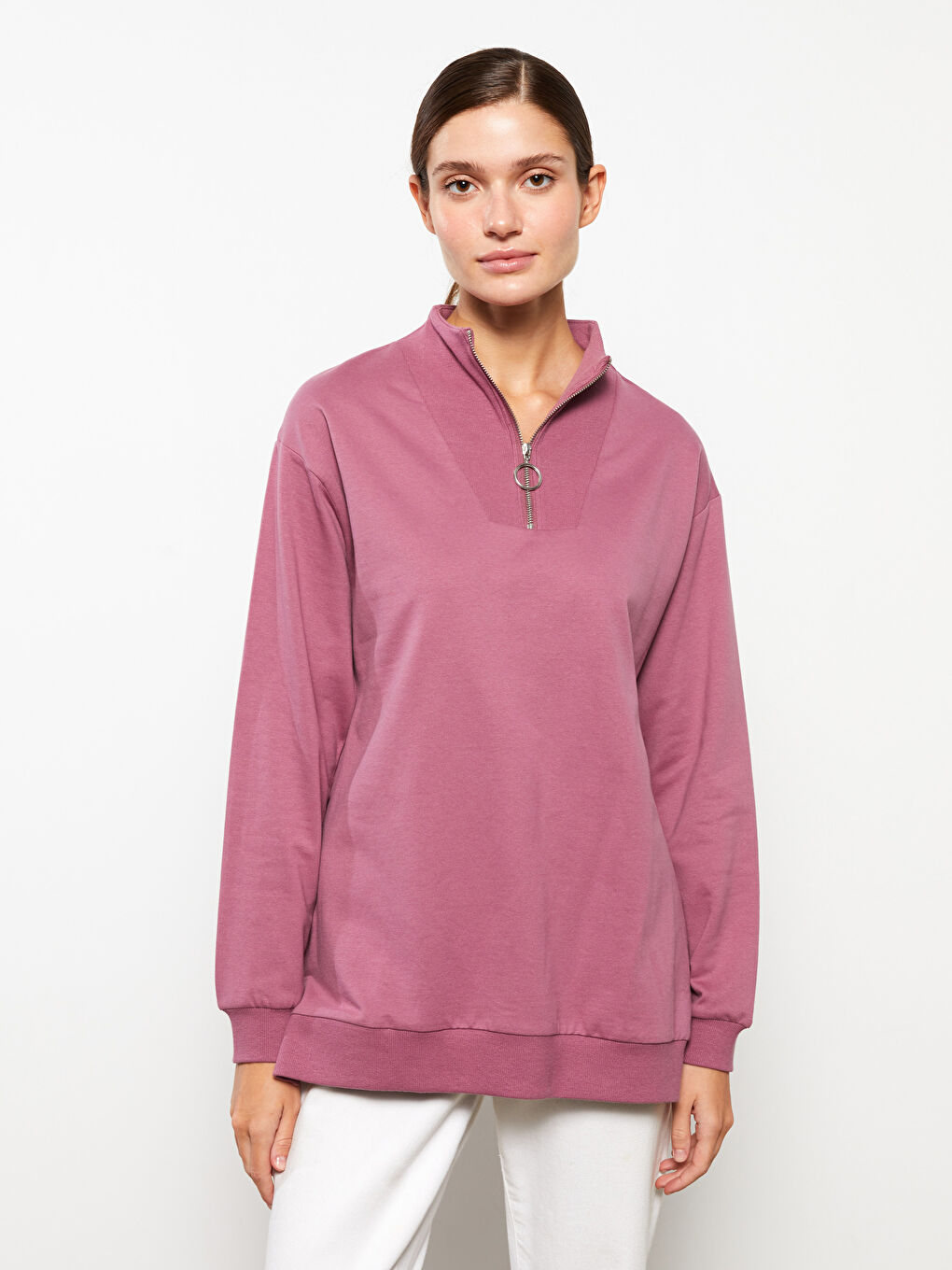 Женский Свитшот с Воротником-Трубой Прямой С Длинным Рукавом из Хлопка-2