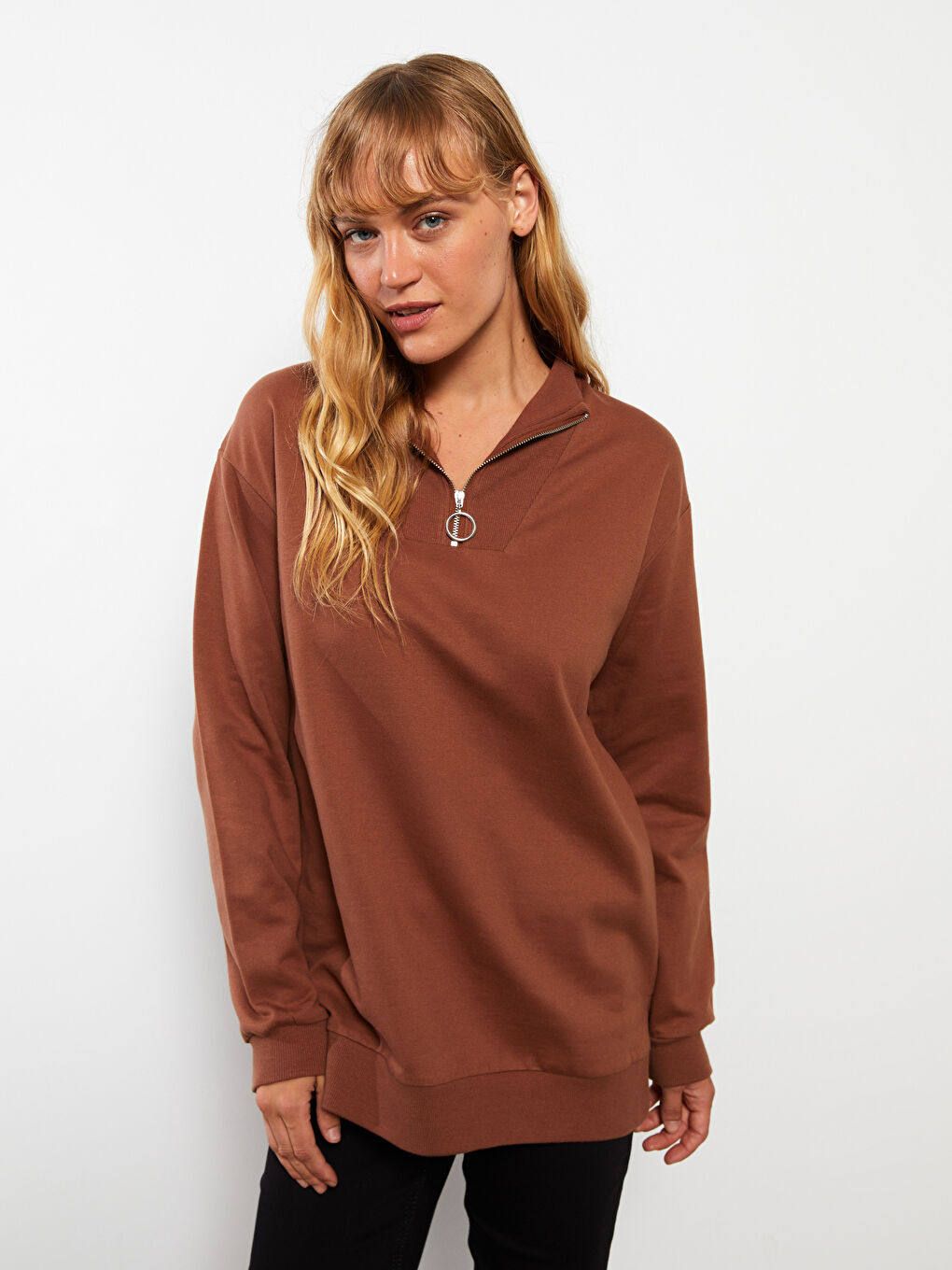 Women's Stand Collar Straight Long Sleeve Cotton Sweatshirt-2