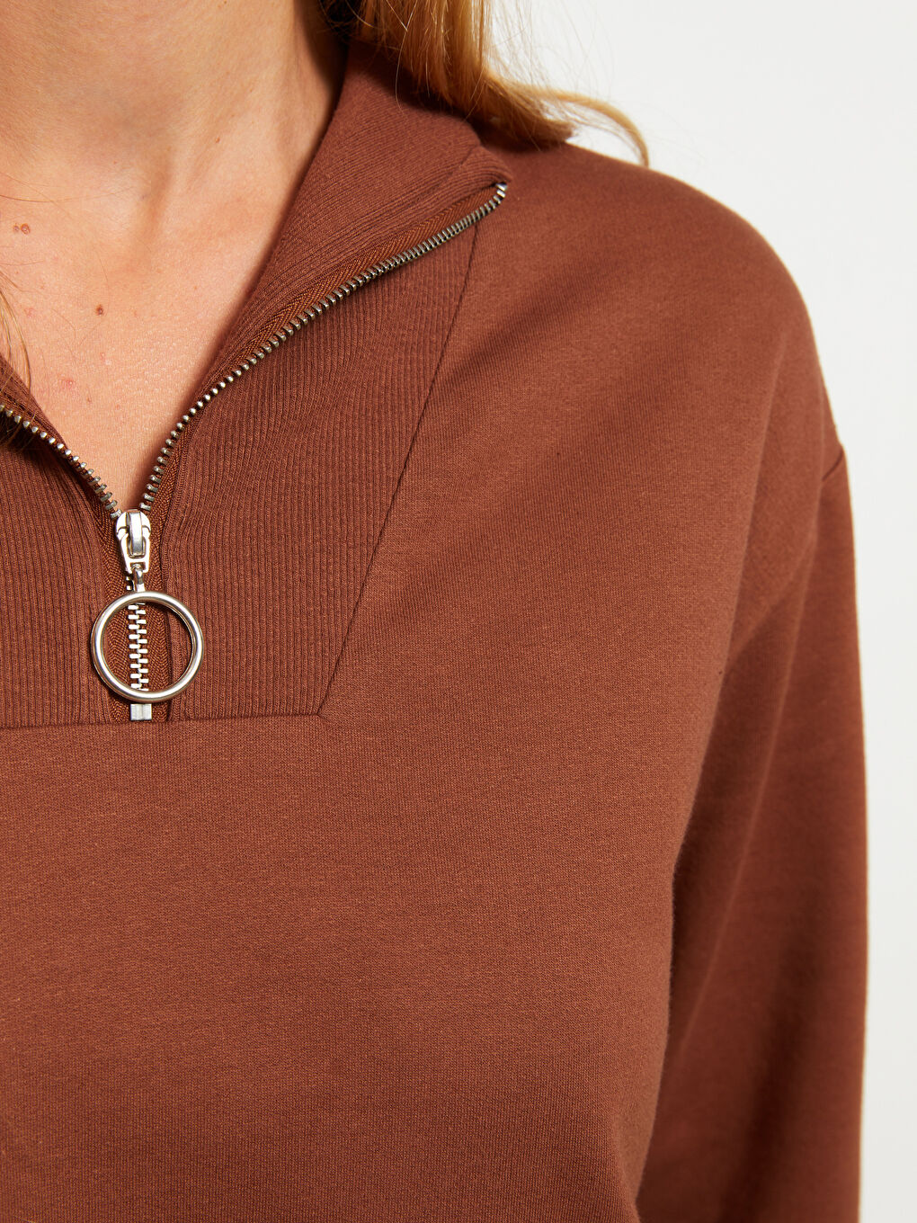 Women's Stand Collar Straight Long Sleeve Cotton Sweatshirt-3