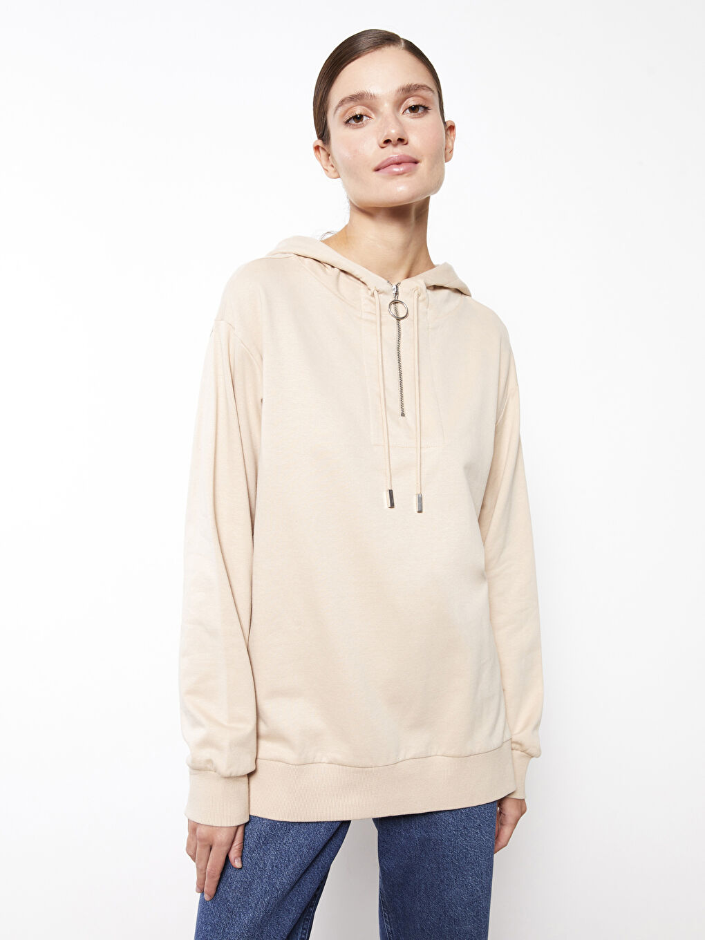 Kapüşonlu Düz Uzun Kollu Kadın Sweatshirt