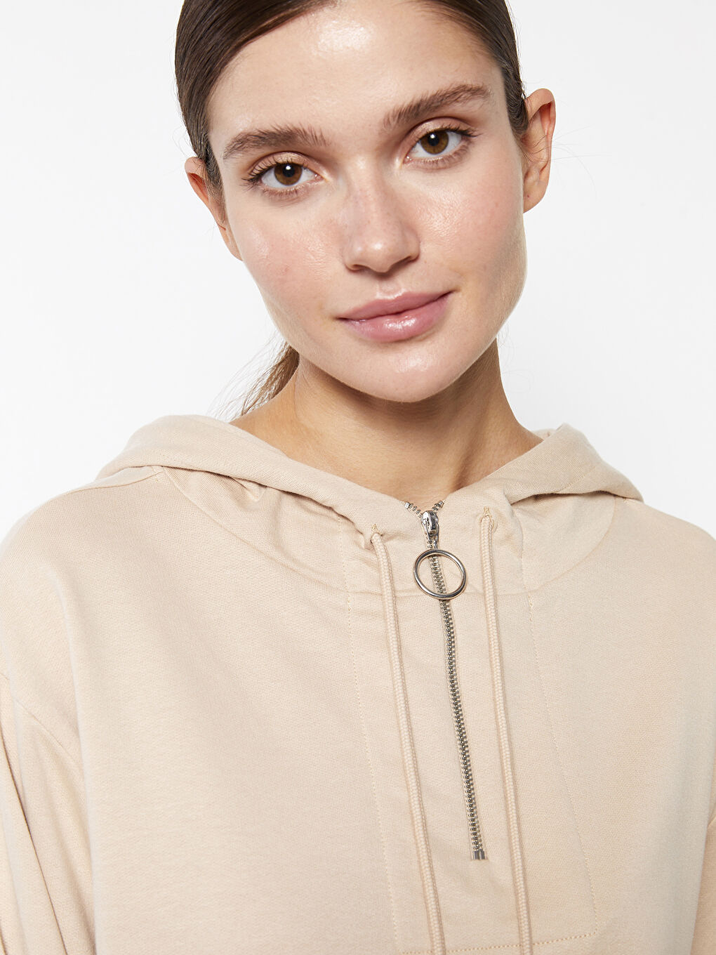 Kapüşonlu Düz Uzun Kollu Kadın Sweatshirt-2