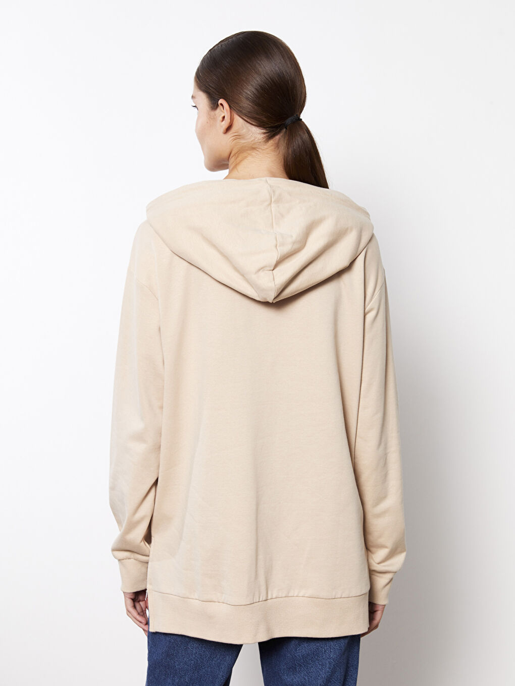 Kapüşonlu Düz Uzun Kollu Kadın Sweatshirt-4