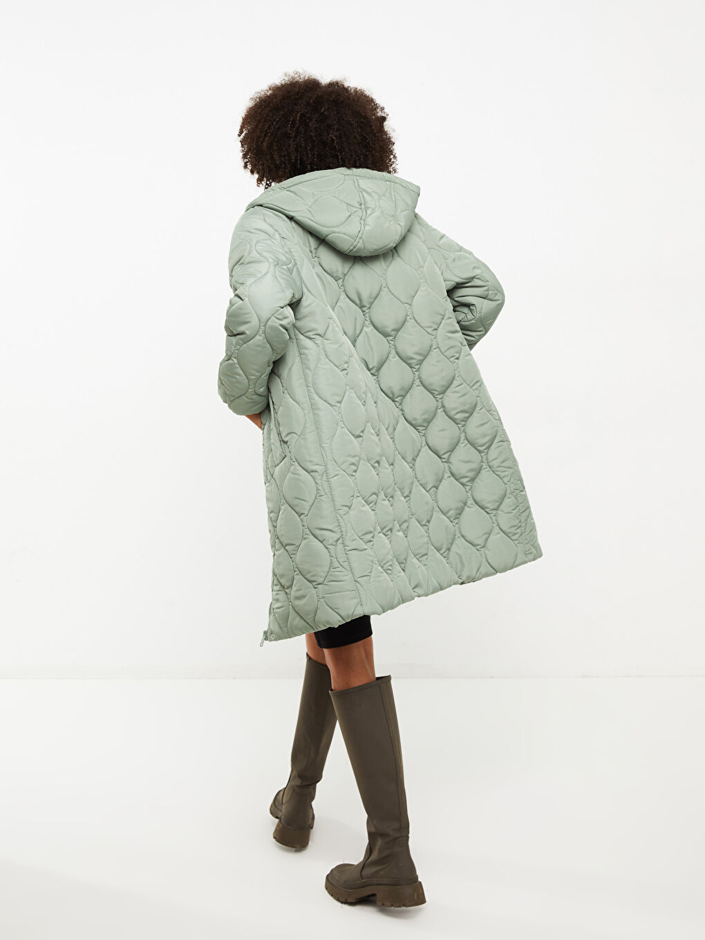 Haki Kapüşonlu Kapitone Kadın Şişme Mont-6