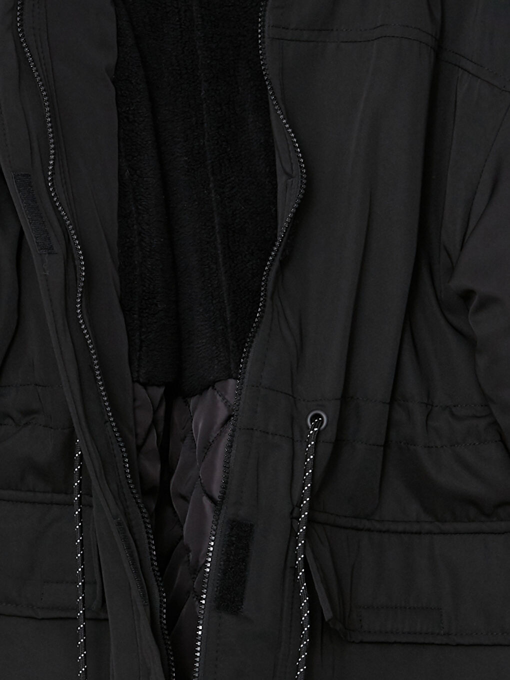 Siyah Kadın Kapüşonlu Düz Parka-7