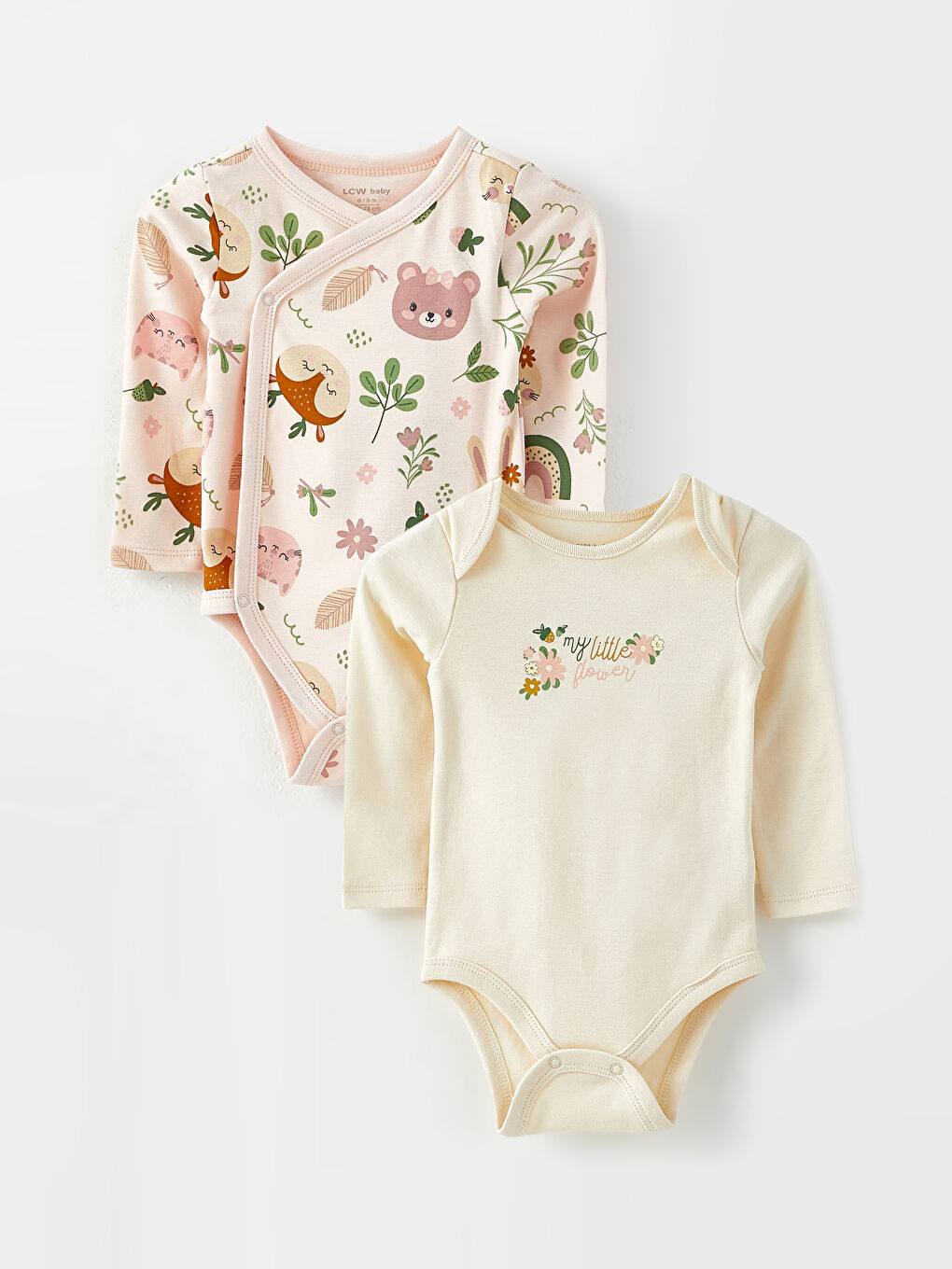 بدلة جسم بناتي كم طويل مطبوع مع كباسين في منطقة الحفاض - مجموعة من قطعتين