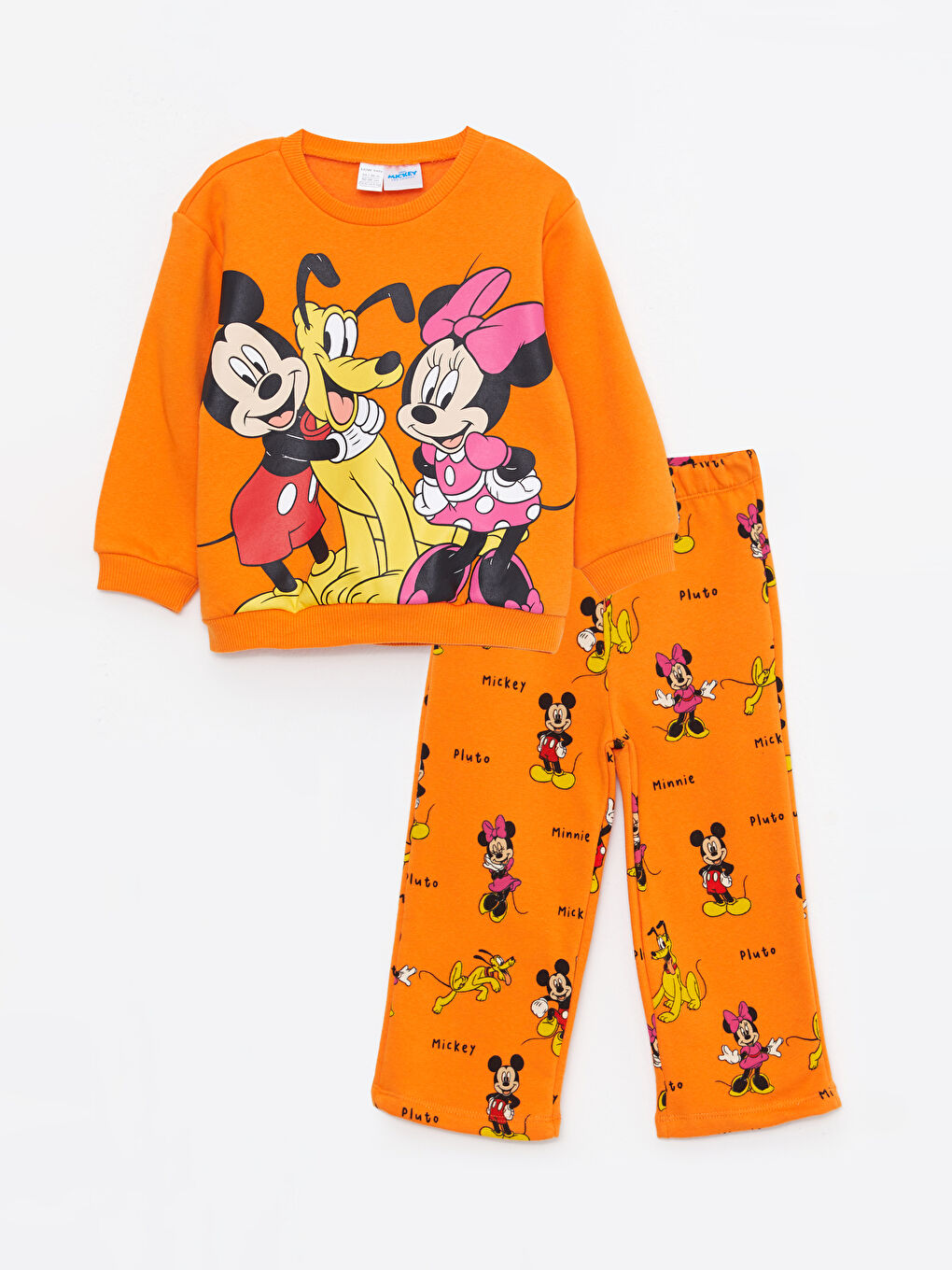 Turuncu Bisiklet Yaka Uzun Kollu Minnie Mouse Baskılı Kız Bebek Sweatshirt ve Eşofman Alt 2'li Takım