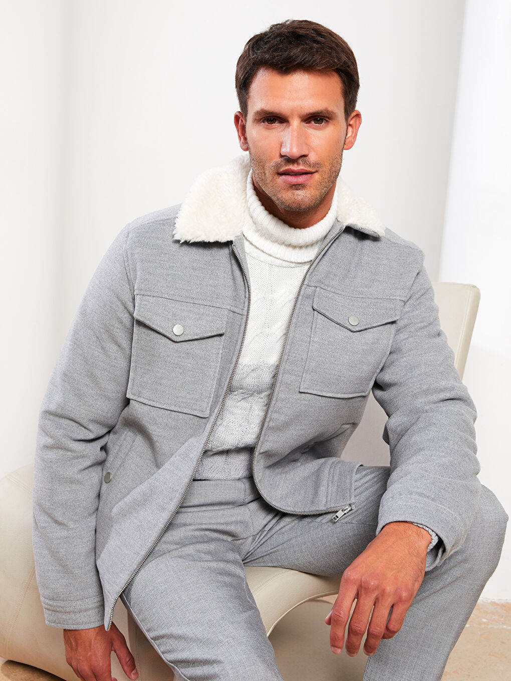 Gri Slim fit Gömlek Yaka Erkek Kaşe Mont