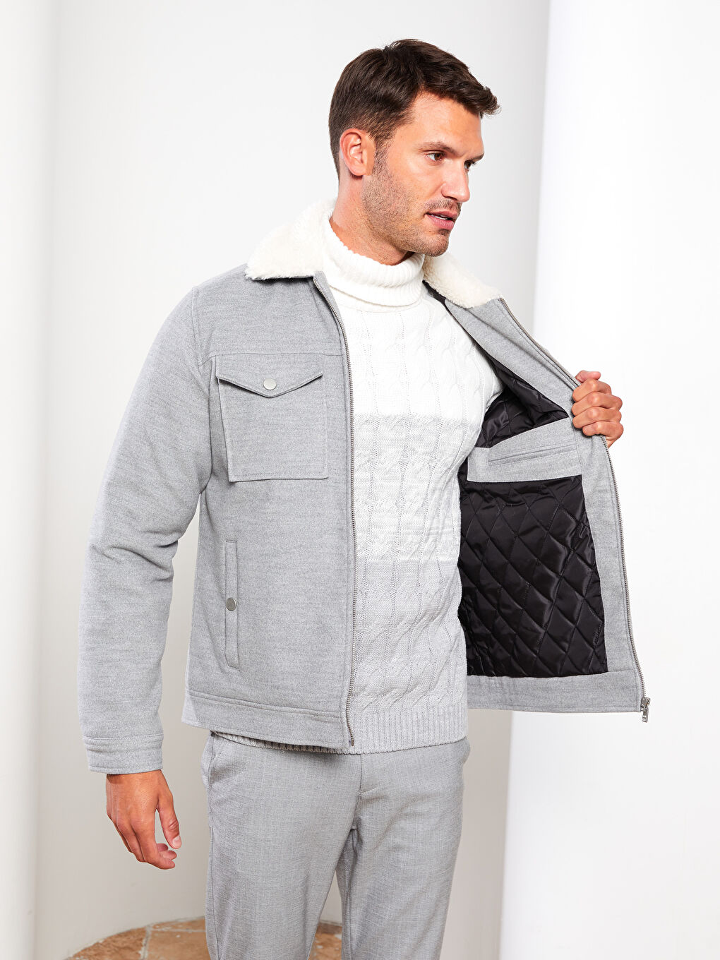 Gri Slim fit Gömlek Yaka Erkek Kaşe Mont-2