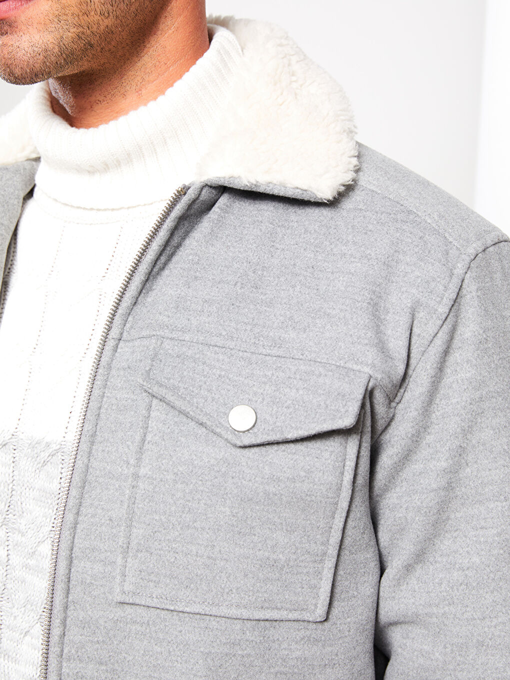 Gri Slim fit Gömlek Yaka Erkek Kaşe Mont-3