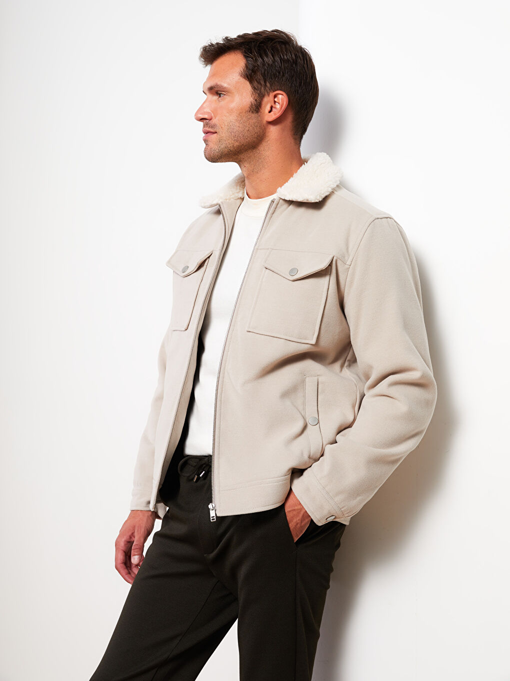 Bej Slim fit Gömlek Yaka Erkek Kaşe Mont