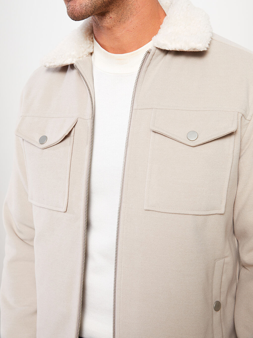 Bej Slim fit Gömlek Yaka Erkek Kaşe Mont-2