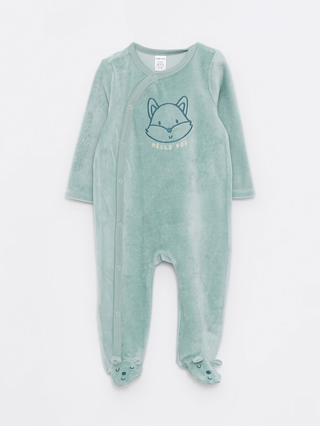 Yeşil Bisiklet Yaka Uzun Kollu Nakış Detaylı Erkek Bebek Kadife Tulum