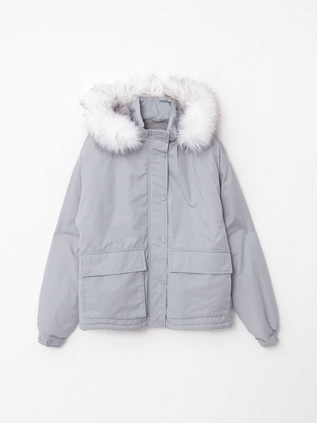 Gri Kadın Kapüşonlu Düz Parka-8