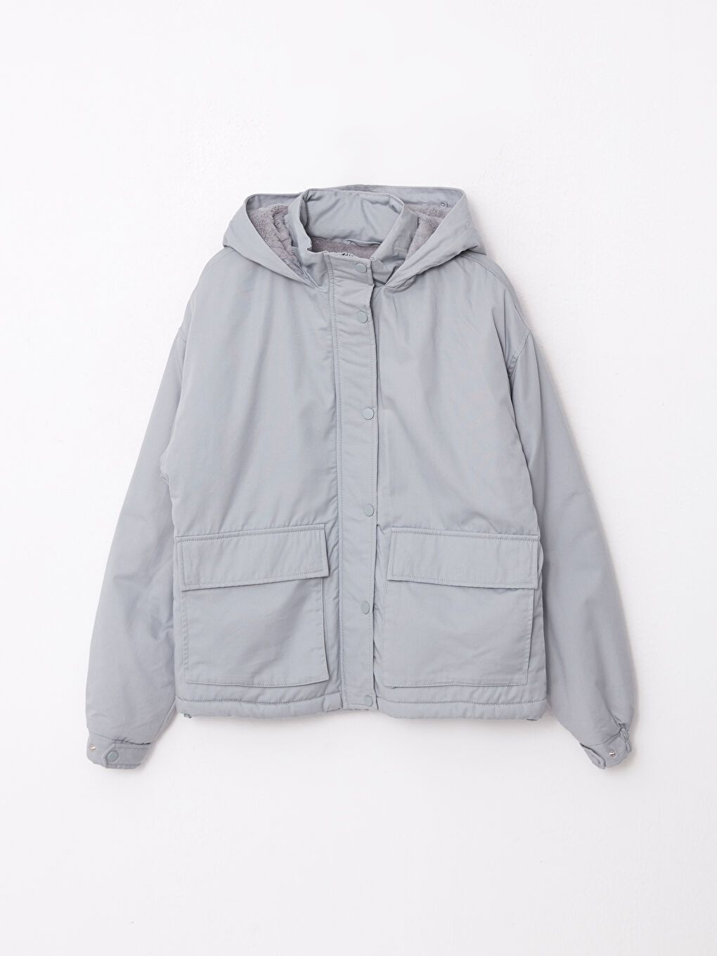 Gri Kadın Kapüşonlu Düz Parka-10