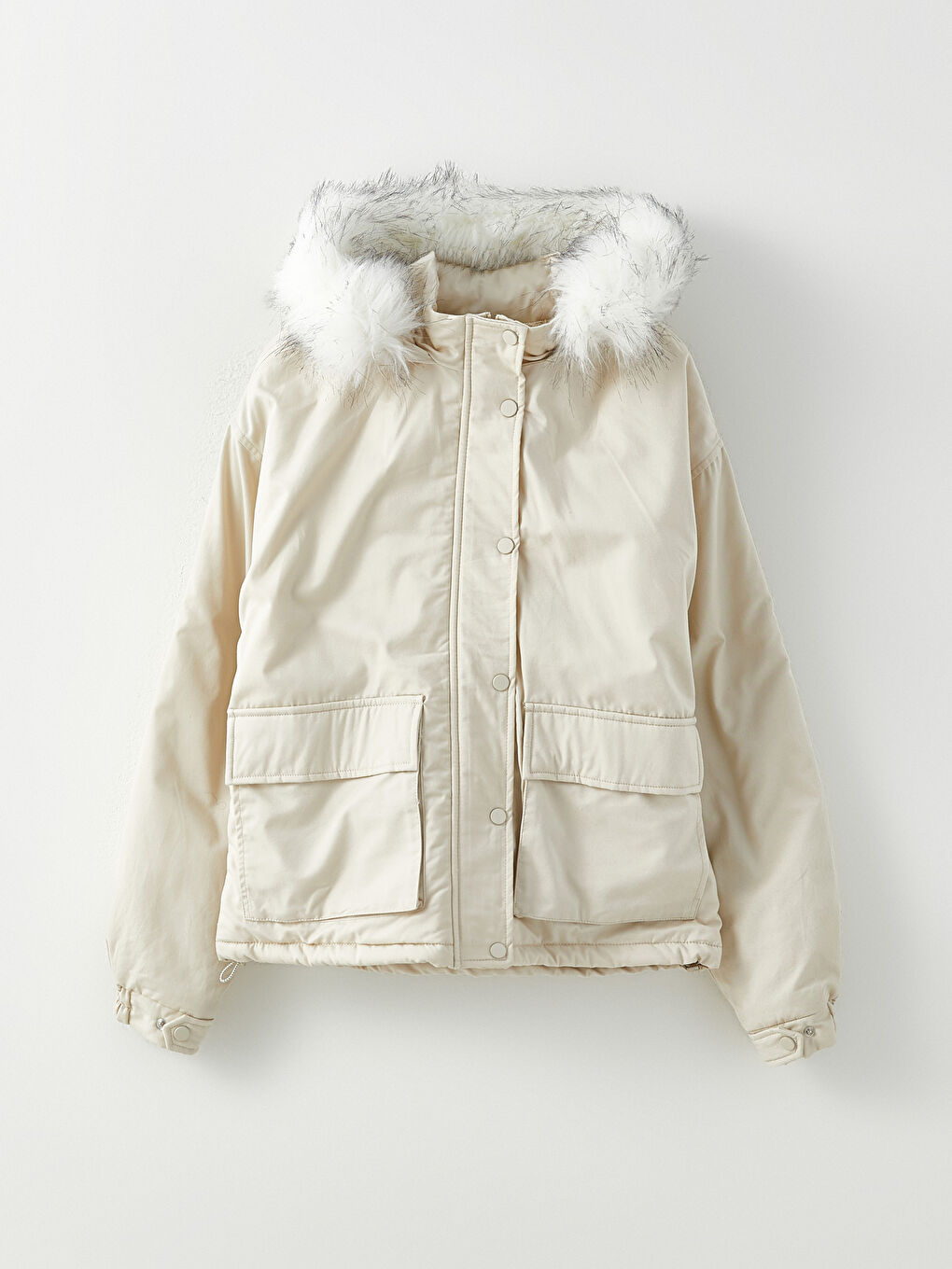 Bej Kadın Kapüşonlu Düz Parka-6