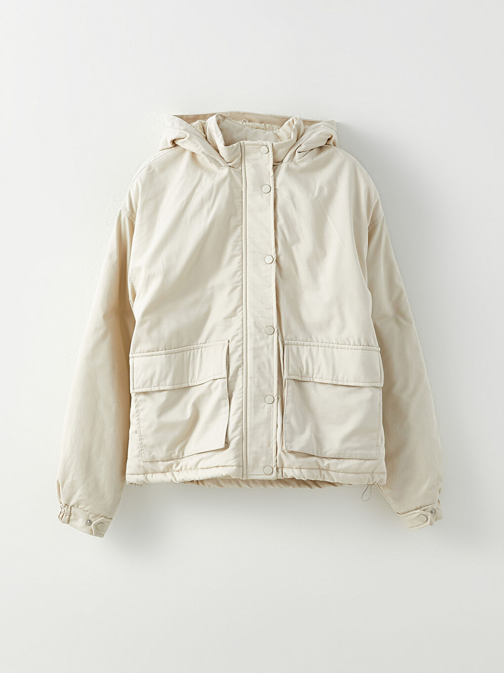 Bej Kadın Kapüşonlu Düz Parka-7