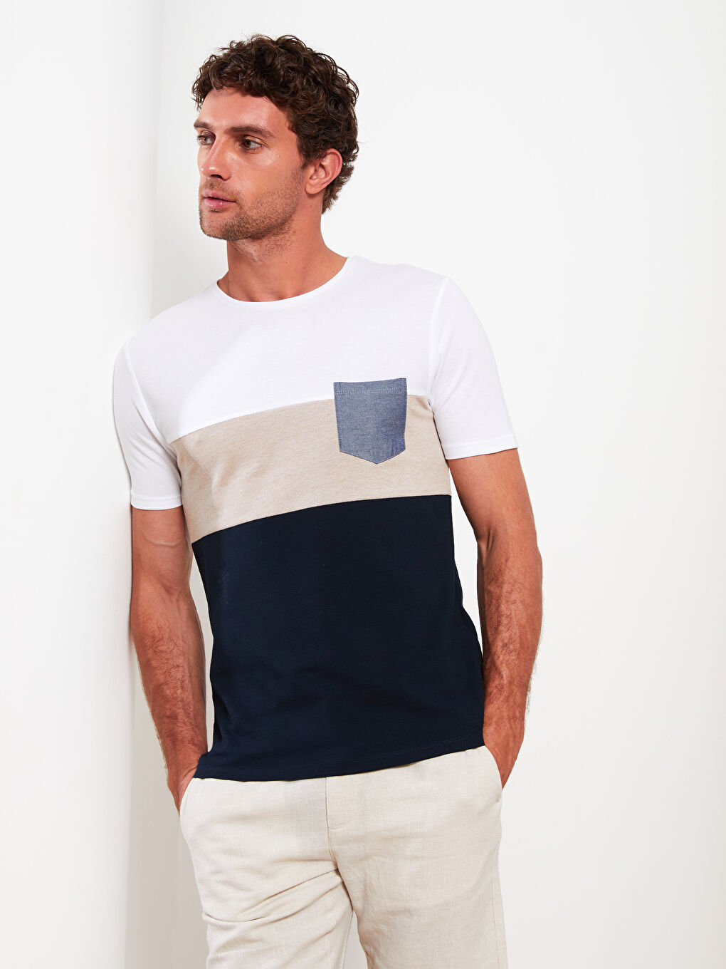 Lacivert Bisiklet Yaka Kısa Kollu Renk Bloklu Pike Erkek Tişört