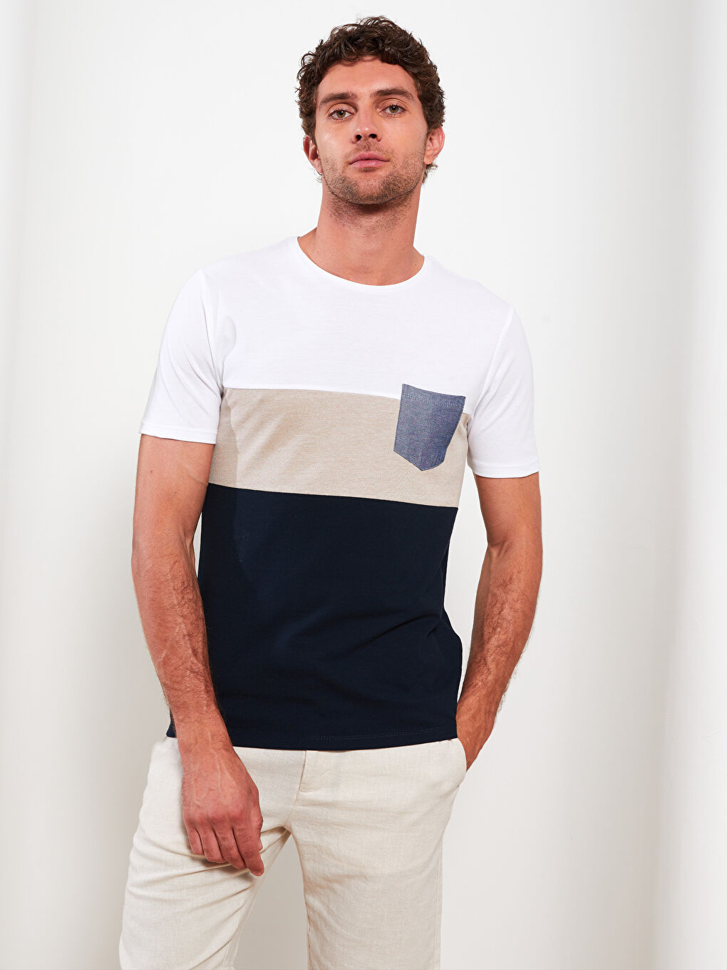 Lacivert Bisiklet Yaka Kısa Kollu Renk Bloklu Pike Erkek Tişört-1