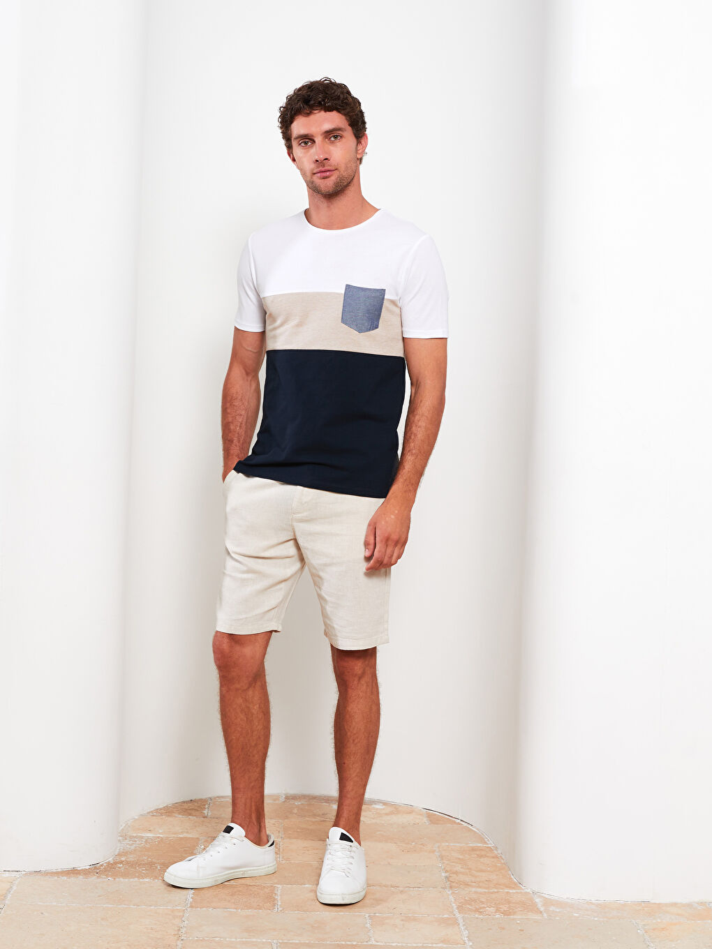 Lacivert Bisiklet Yaka Kısa Kollu Renk Bloklu Pike Erkek Tişört-3