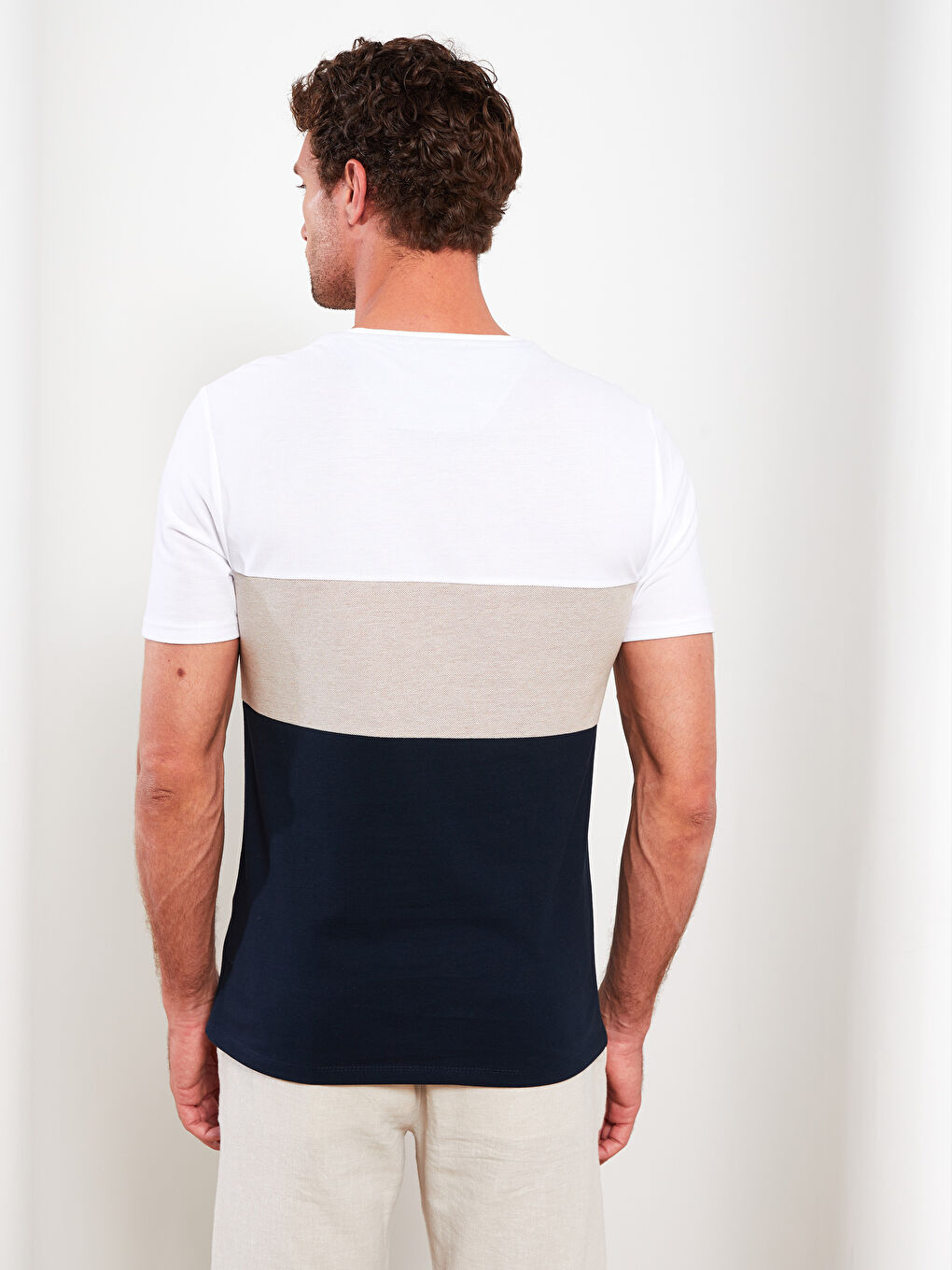 Lacivert Bisiklet Yaka Kısa Kollu Renk Bloklu Pike Erkek Tişört-4