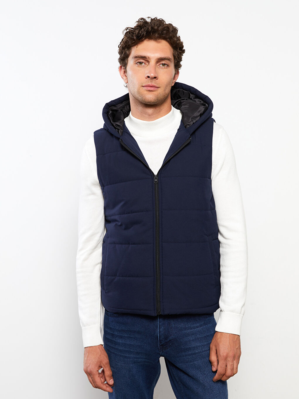 Lacivert Standart Kalıp Kapüşonlu Erkek Yelek-1