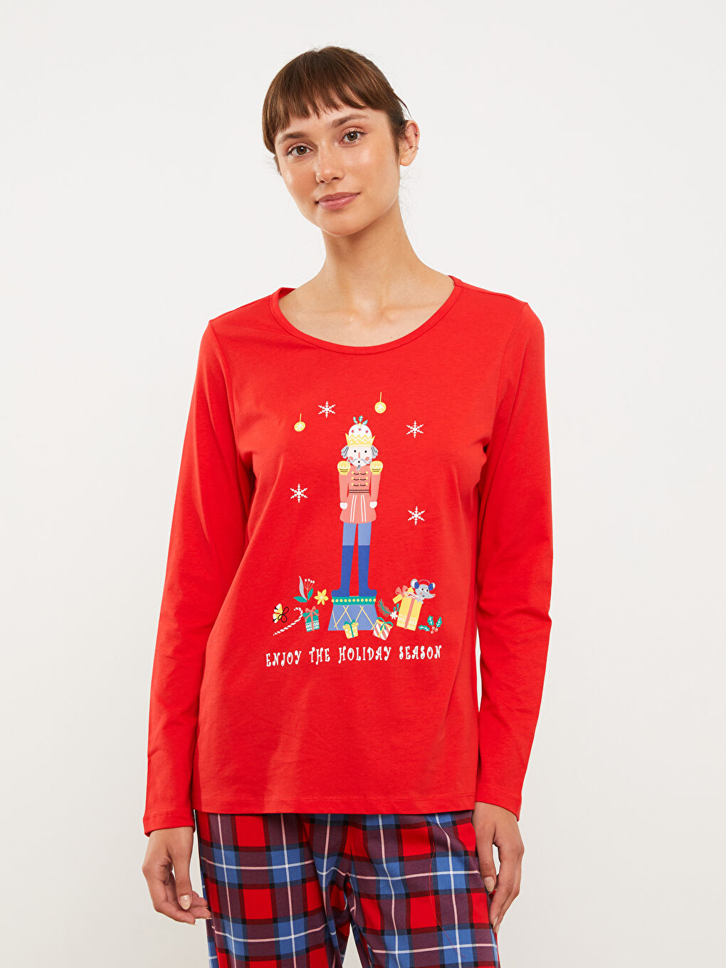 Crew Neck Printed Long Sleeve Cotton Women's Pajama Set-1