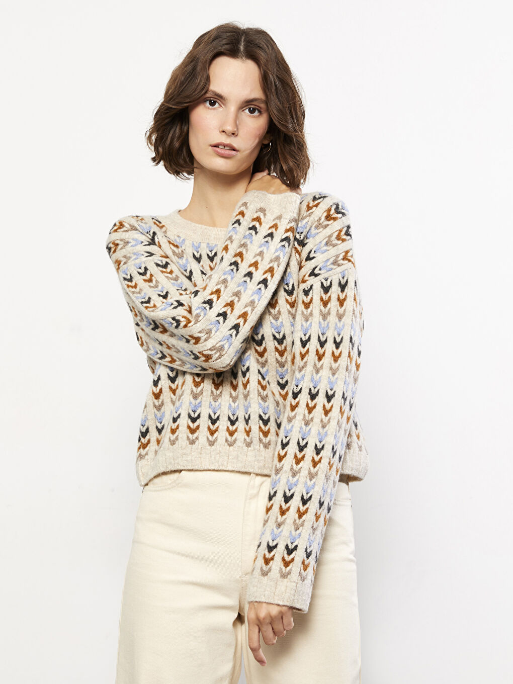 Bej Bisiklet Yaka Desenli Uzun Kollu Kadın Triko Kazak-1