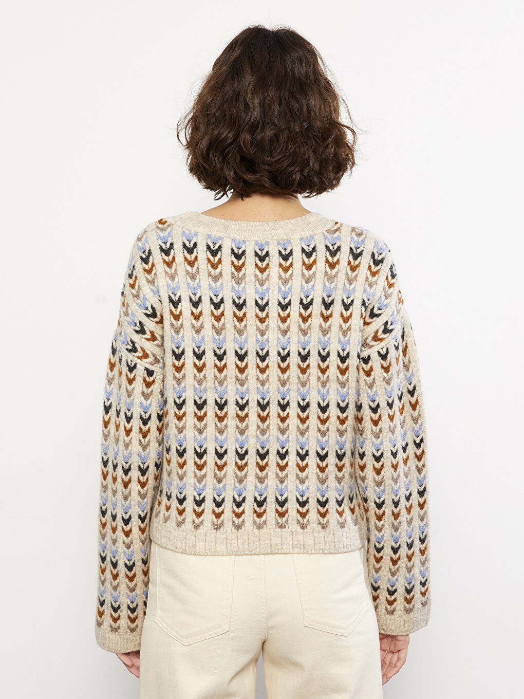 Bej Bisiklet Yaka Desenli Uzun Kollu Kadın Triko Kazak-4