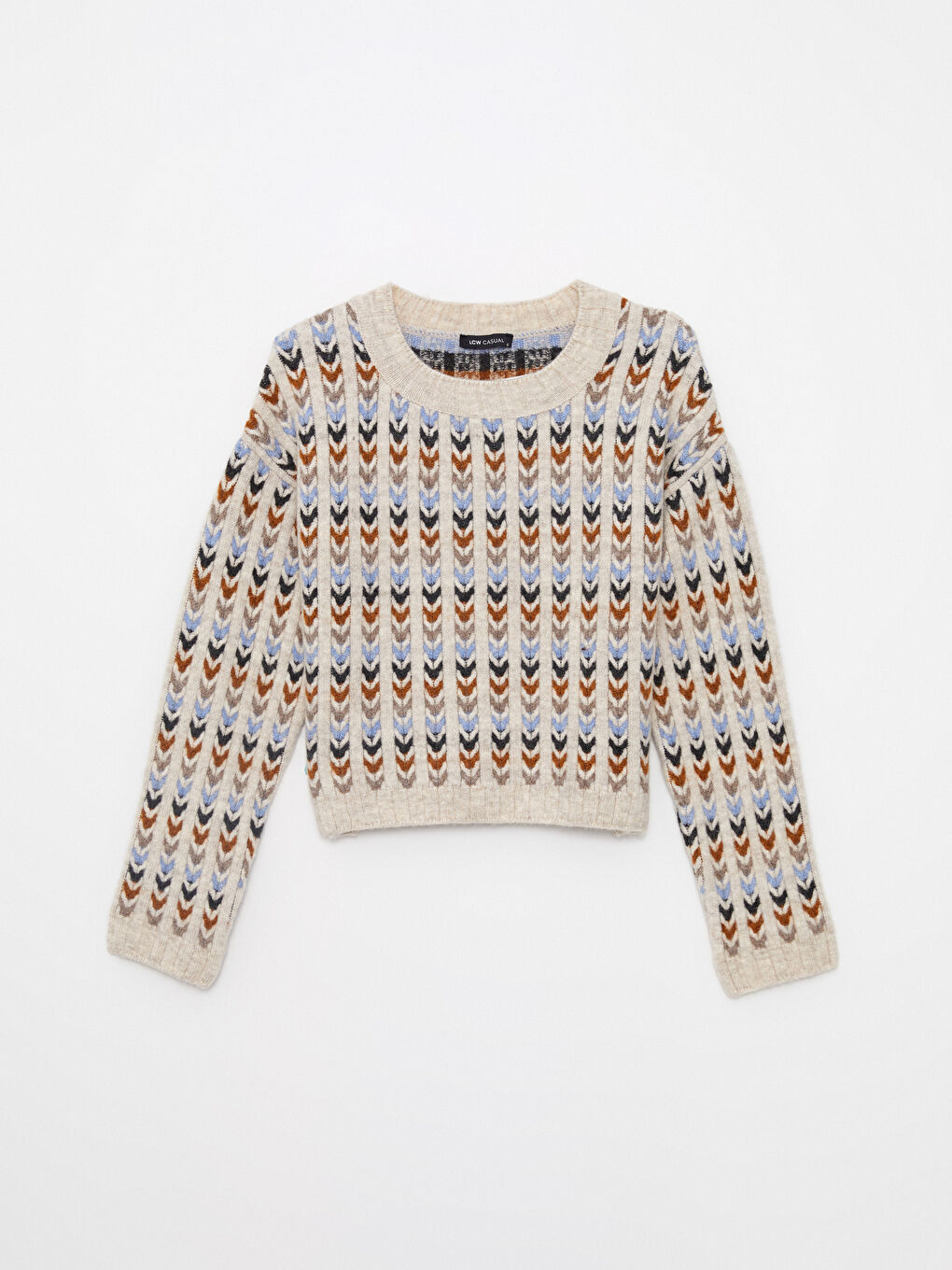 Bej Bisiklet Yaka Desenli Uzun Kollu Kadın Triko Kazak-5