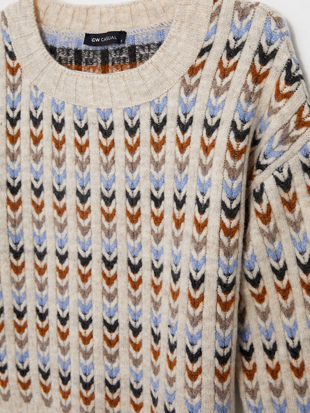 Bej Bisiklet Yaka Desenli Uzun Kollu Kadın Triko Kazak-6
