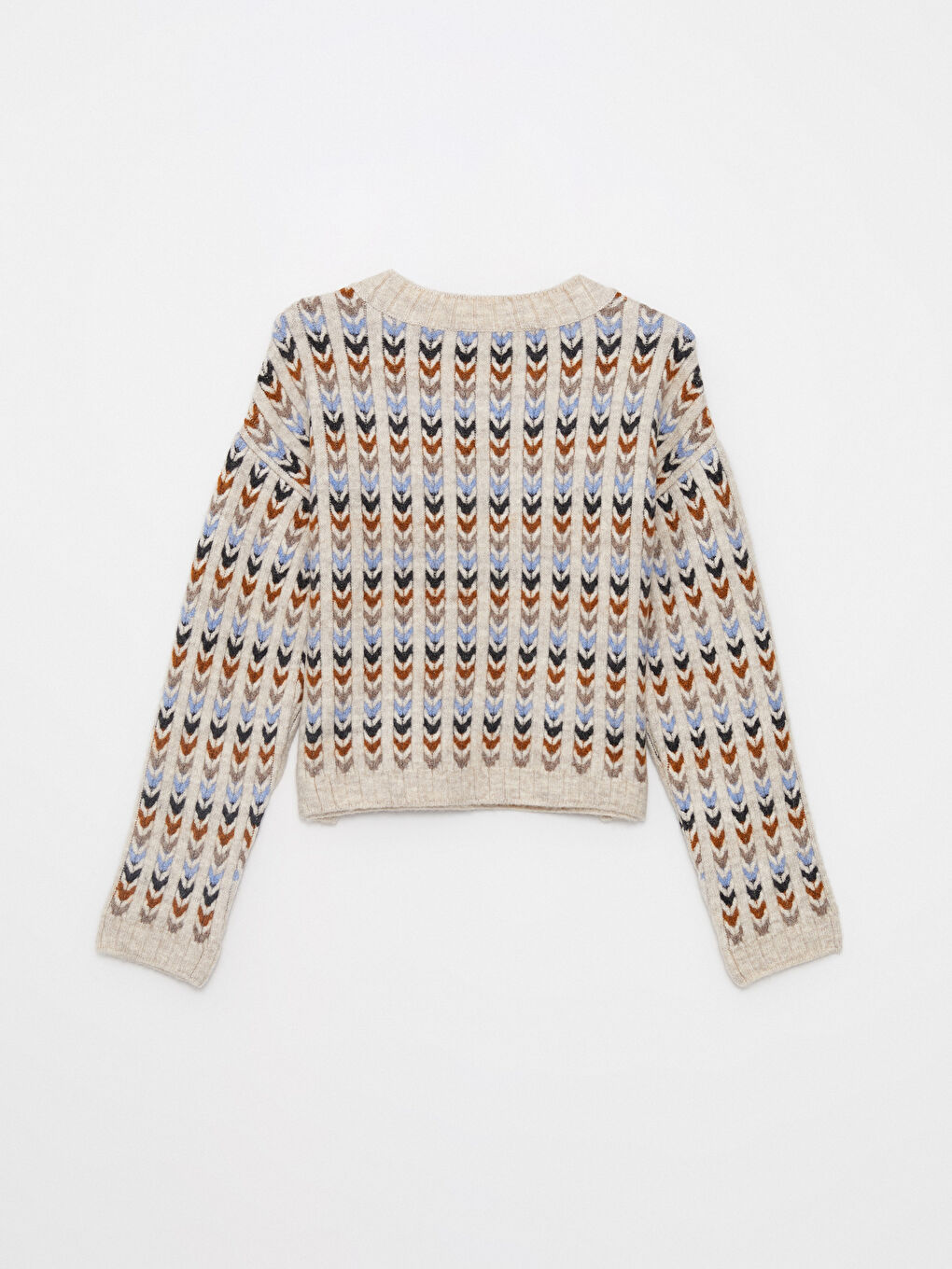 Bej Bisiklet Yaka Desenli Uzun Kollu Kadın Triko Kazak-7