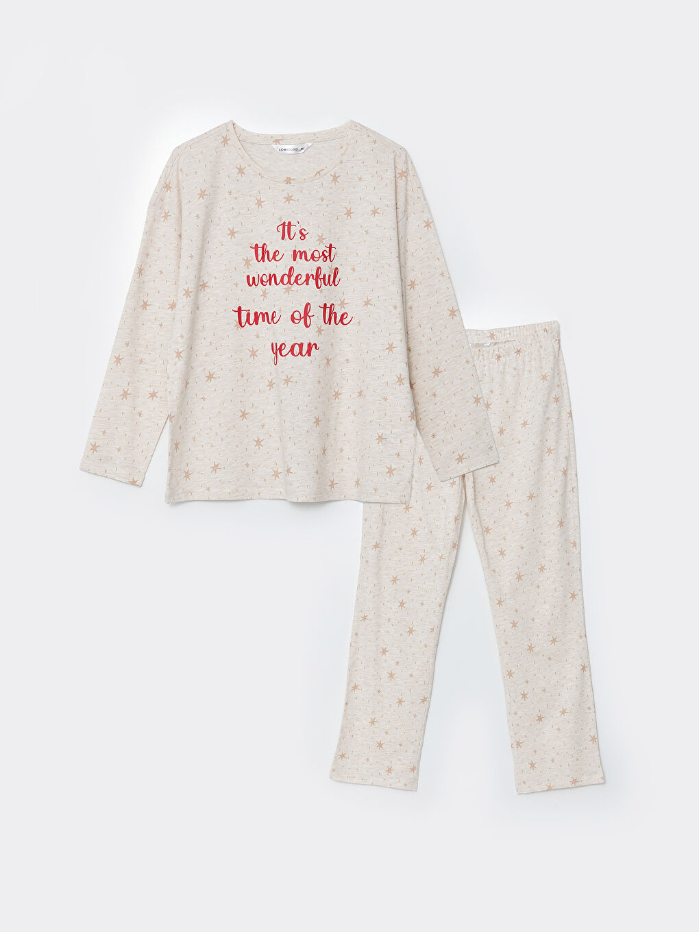 Bej Bisiklet Yaka Yılbaşı Temalı Kadın Pijama Takımı-4