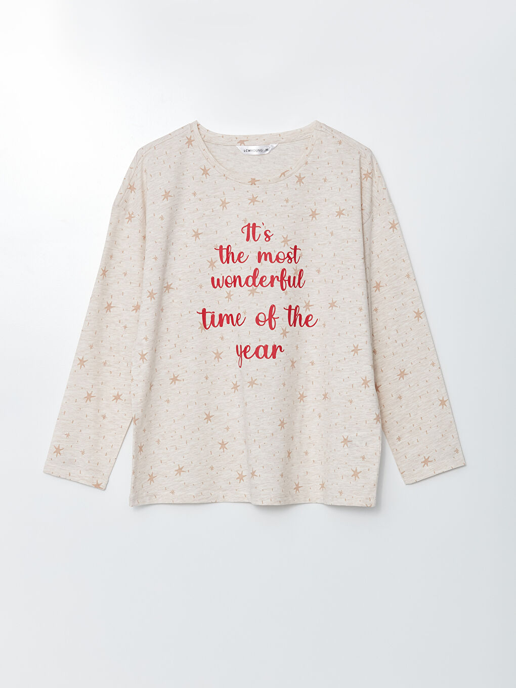 Bej Bisiklet Yaka Yılbaşı Temalı Kadın Pijama Takımı-5