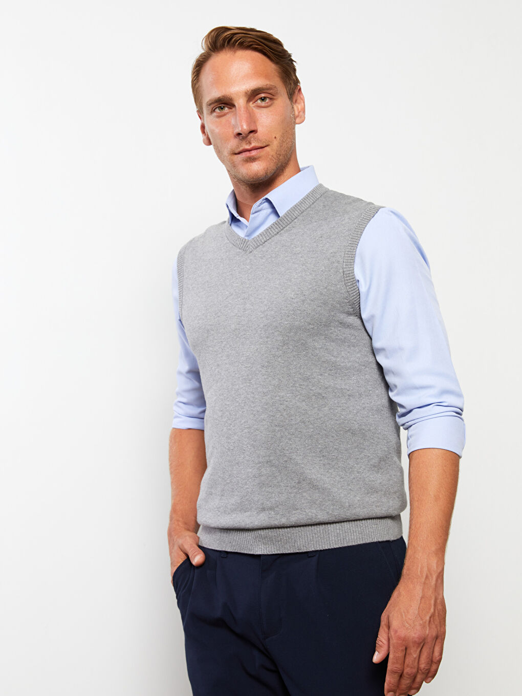 Vestă Pulover Tricotată pentru Bărbați cu Decolteu în V, Croială Standard-1