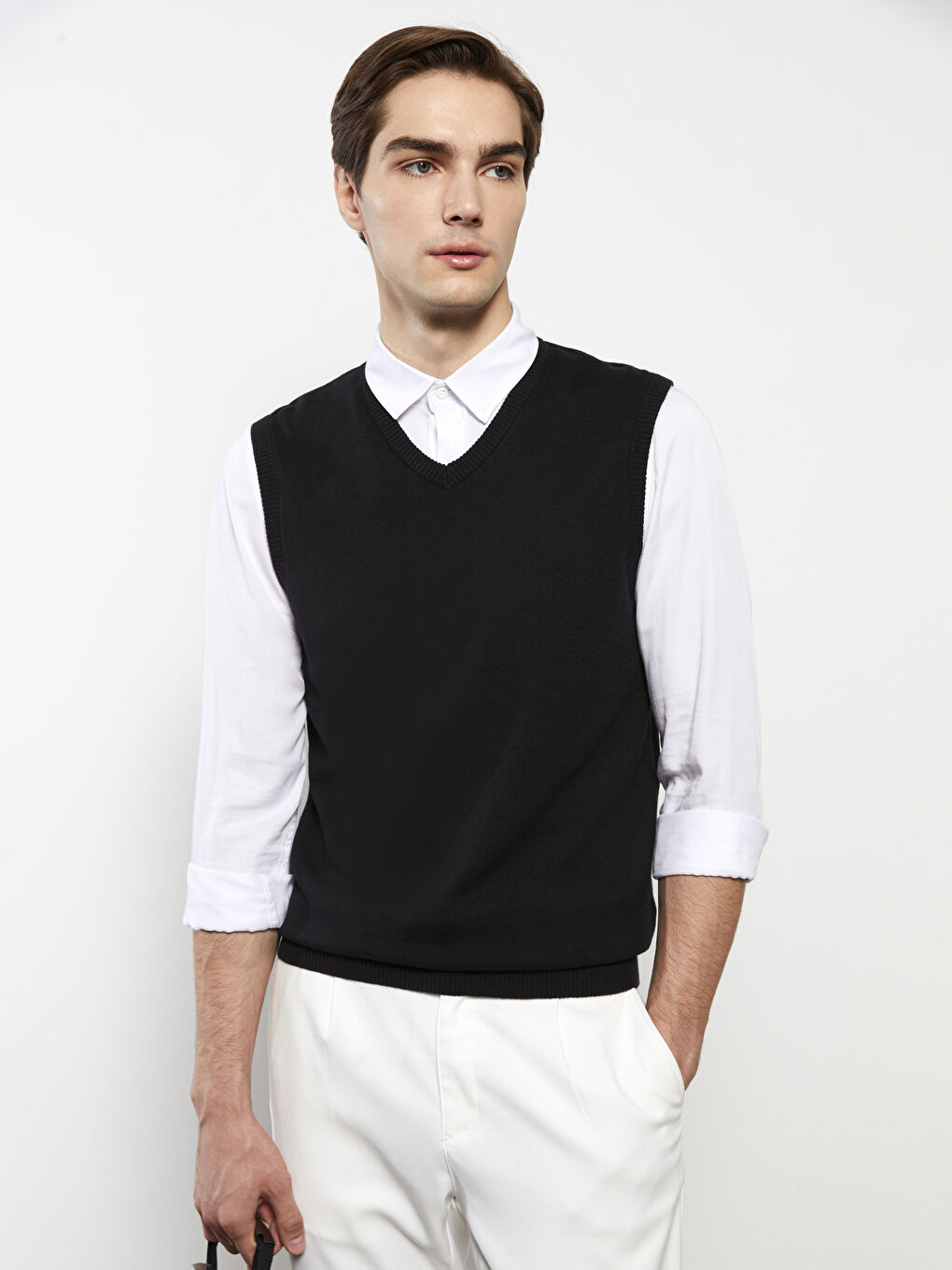 Vestă Pulover Tricotată pentru Bărbați cu Decolteu în V, Croială Standard-2