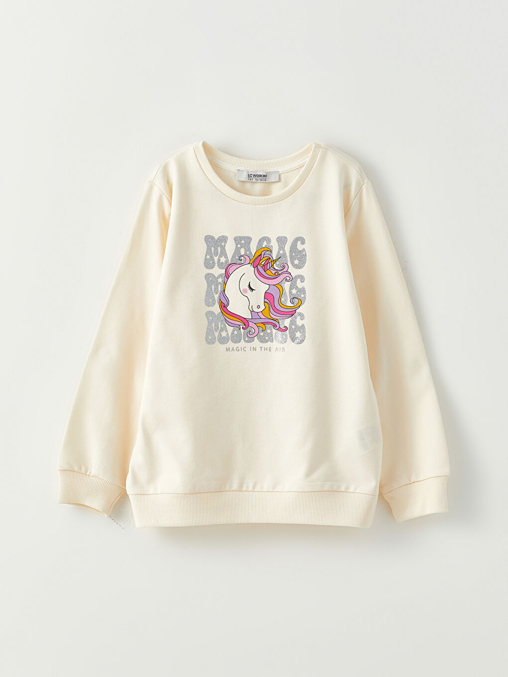 Ekru Bisiklet Yaka Baskılı Uzun Kollu Kız Çocuk Sweatshirt