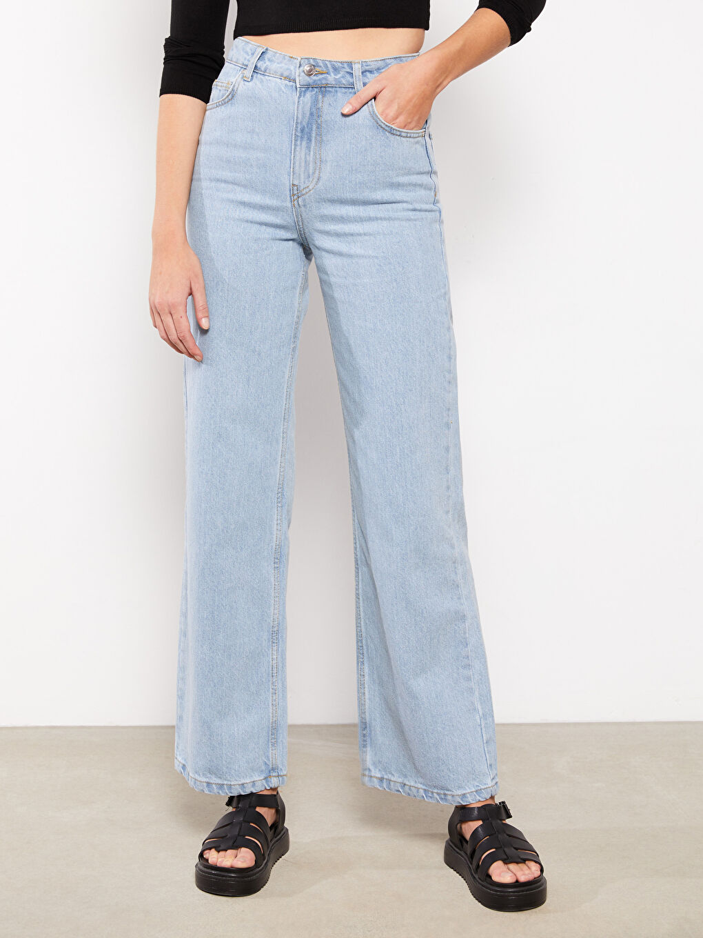 Blugi Drepți cu Detalii de Buzunar, Talie Înaltă, Wideleg pentru Femei-2