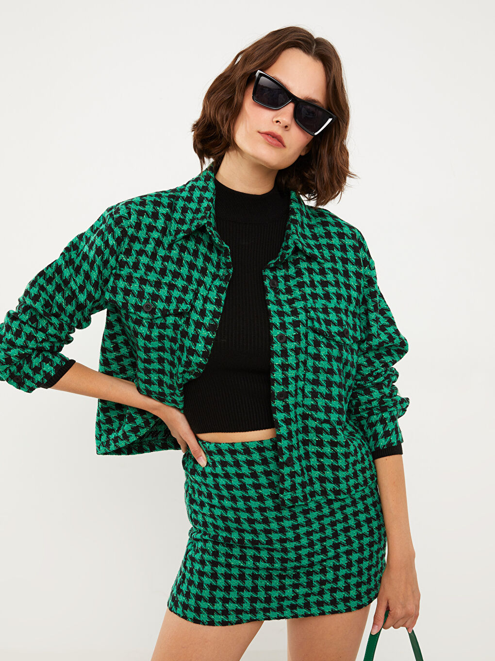 Buttoned Plaid Long Sleeve Women's Tweed Shirt Jacket-2