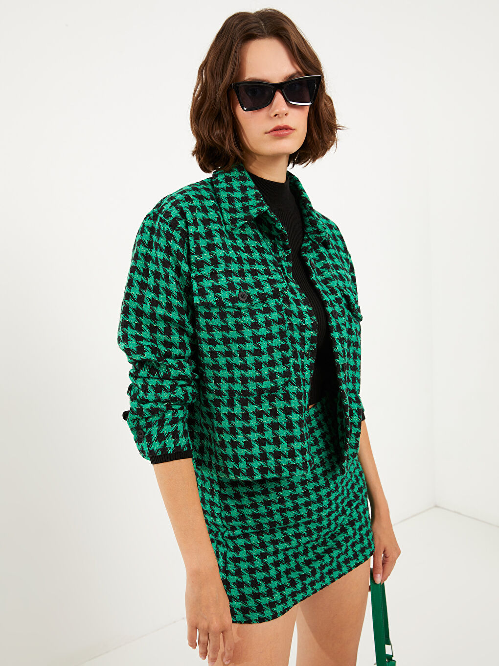 Buttoned Plaid Long Sleeve Women's Tweed Shirt Jacket-3