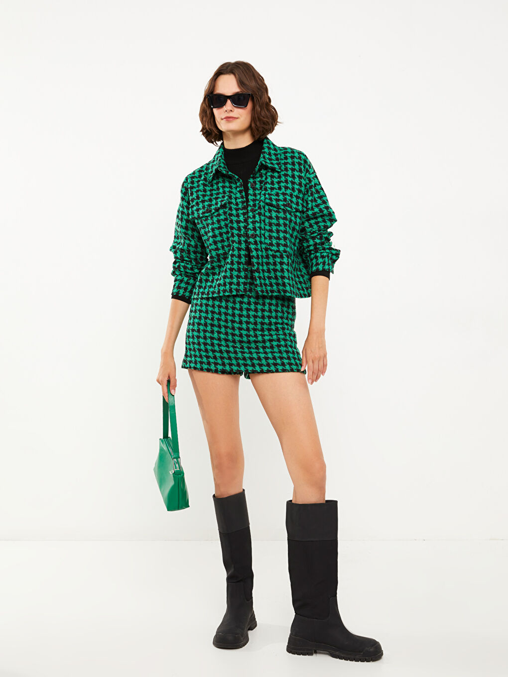 Buttoned Plaid Long Sleeve Women's Tweed Shirt Jacket-4