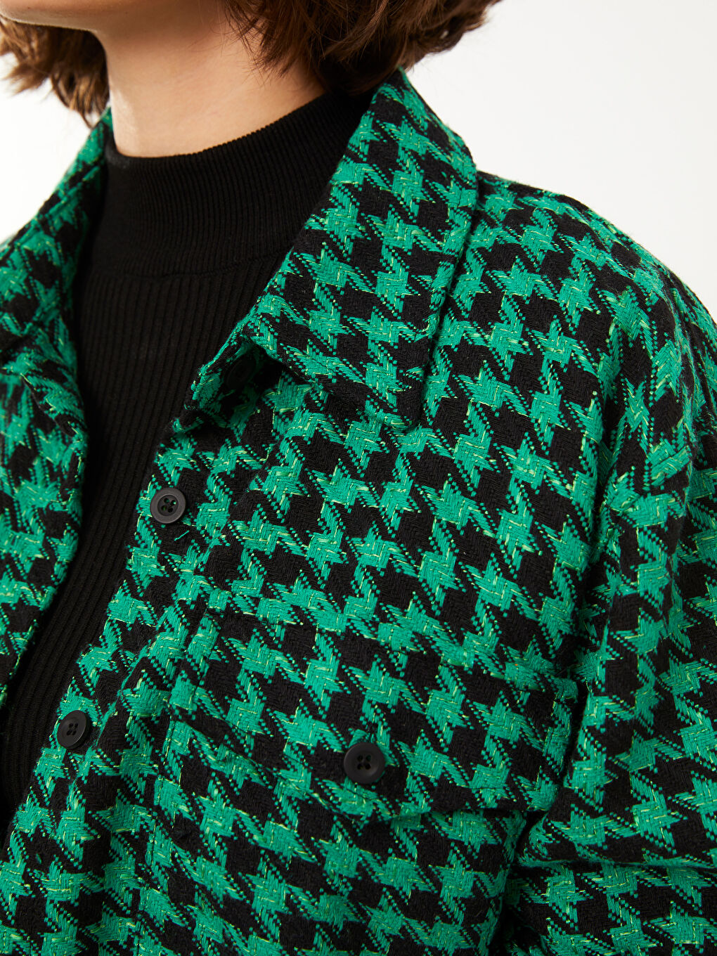 Buttoned Plaid Long Sleeve Women's Tweed Shirt Jacket-5